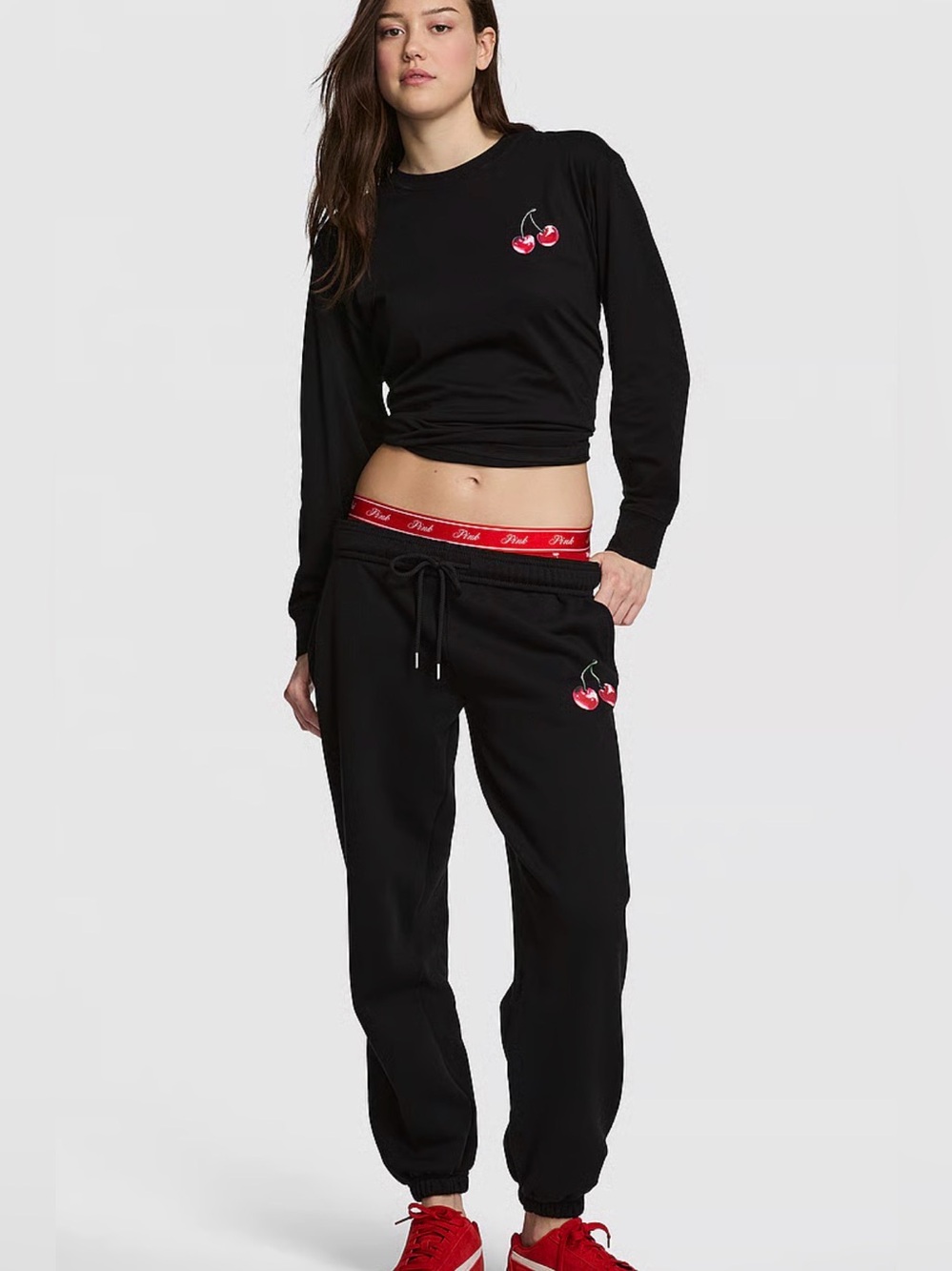 PINK Victoria's Secret Black Joggers with Red Cherry Detailing
